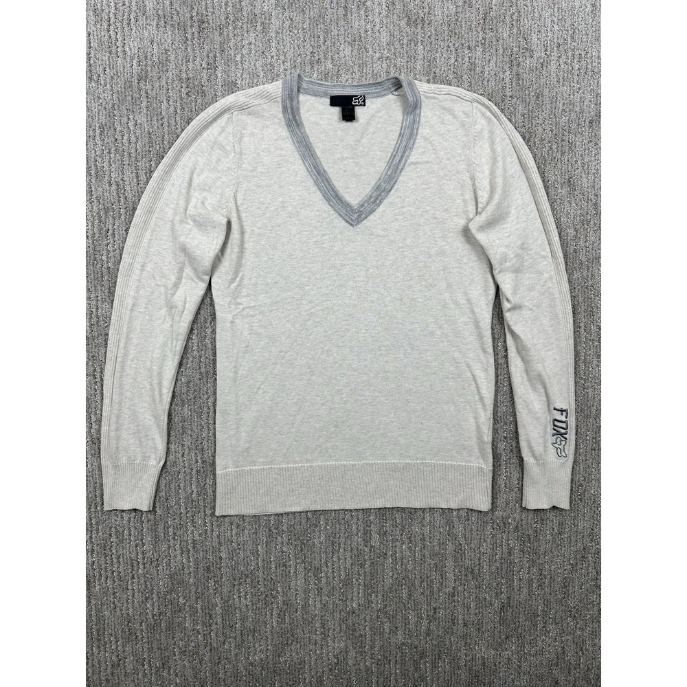 Fox Racing V Neck Long Sleeve Cotton Blend Sweater Men's Oatmeal Beige Large